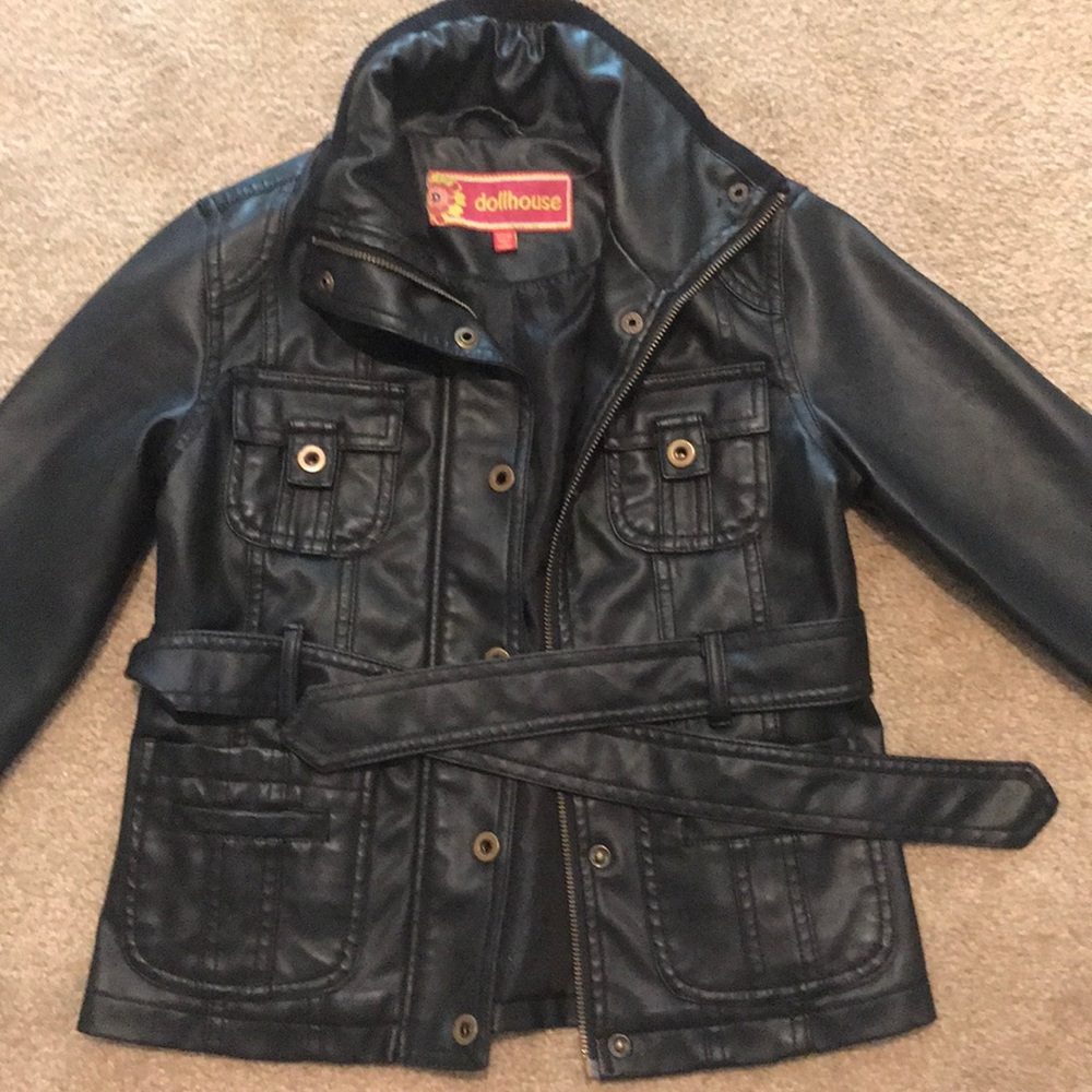Black Faux Leather Jacket. With Belt.